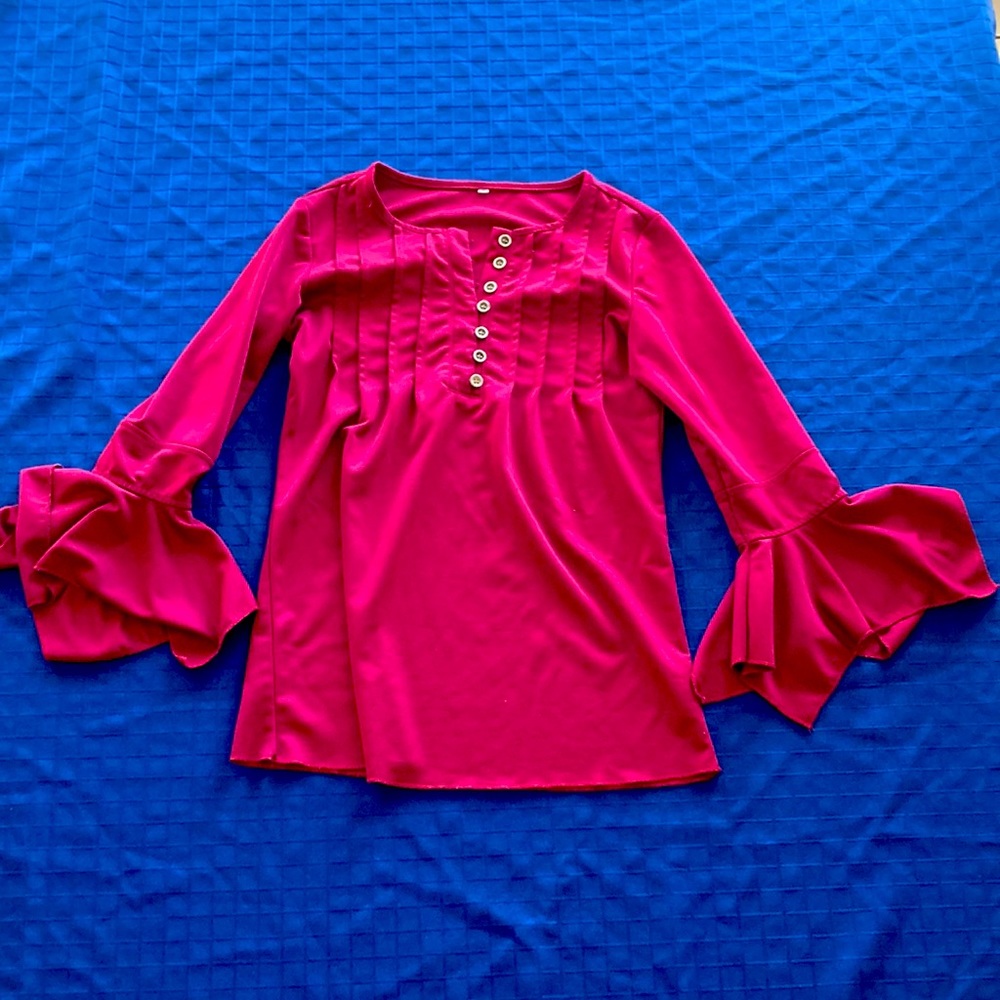 Women’s Henley Top Pleated Flare Sleeves Maroon Size Small
